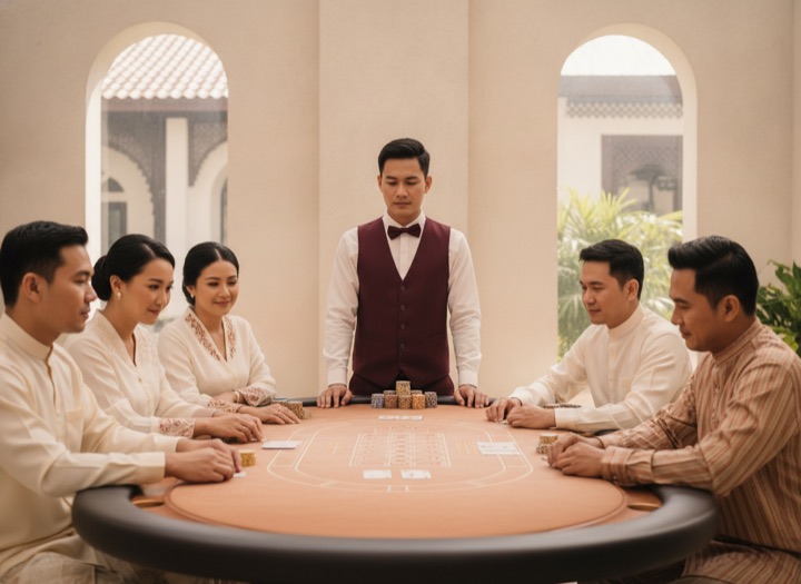 Smiling dealer at a baccarat table